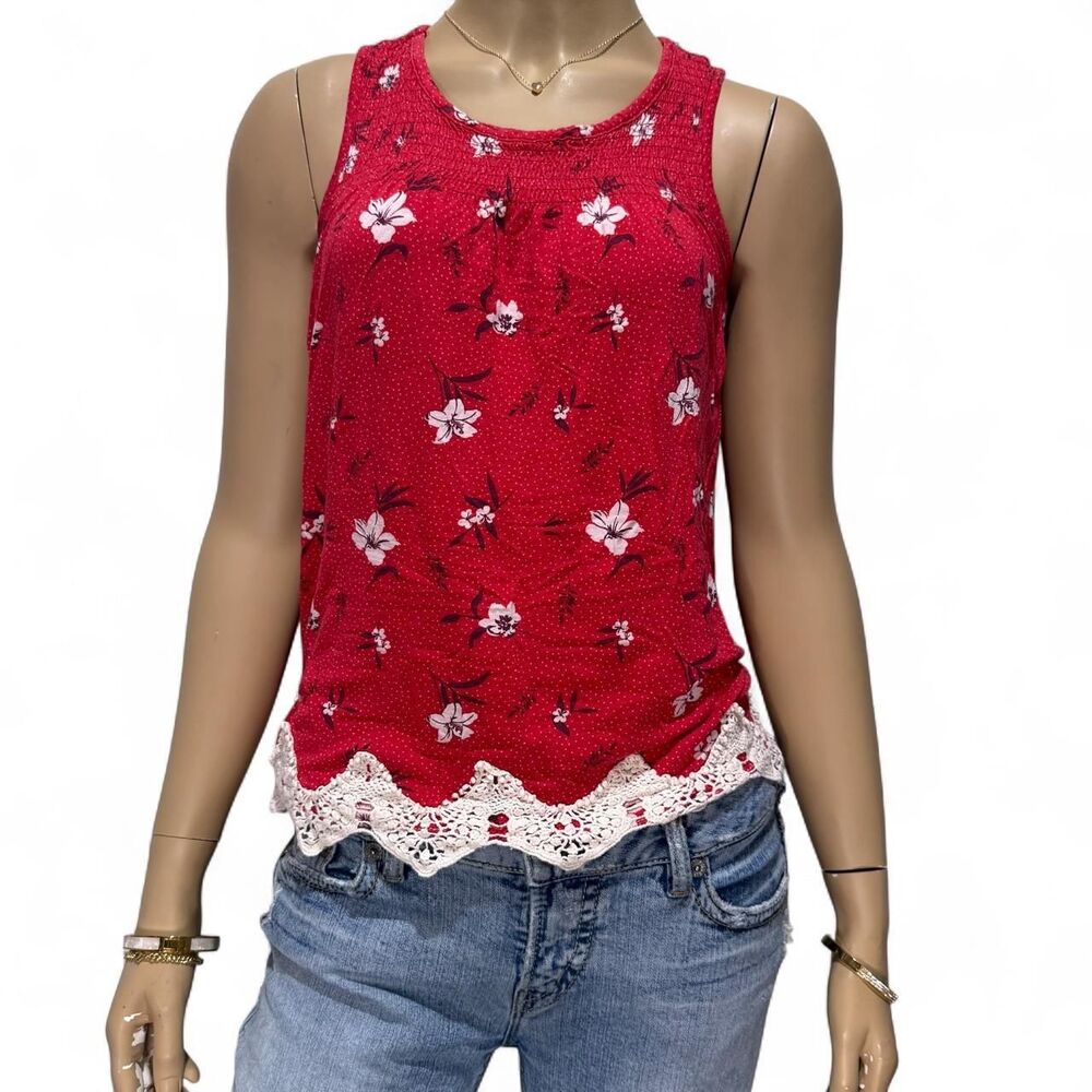 Rewind Red Floral Smocked Babydoll Tank Top Crochet Hem Women’s XS Boho - Picture 1 of 7